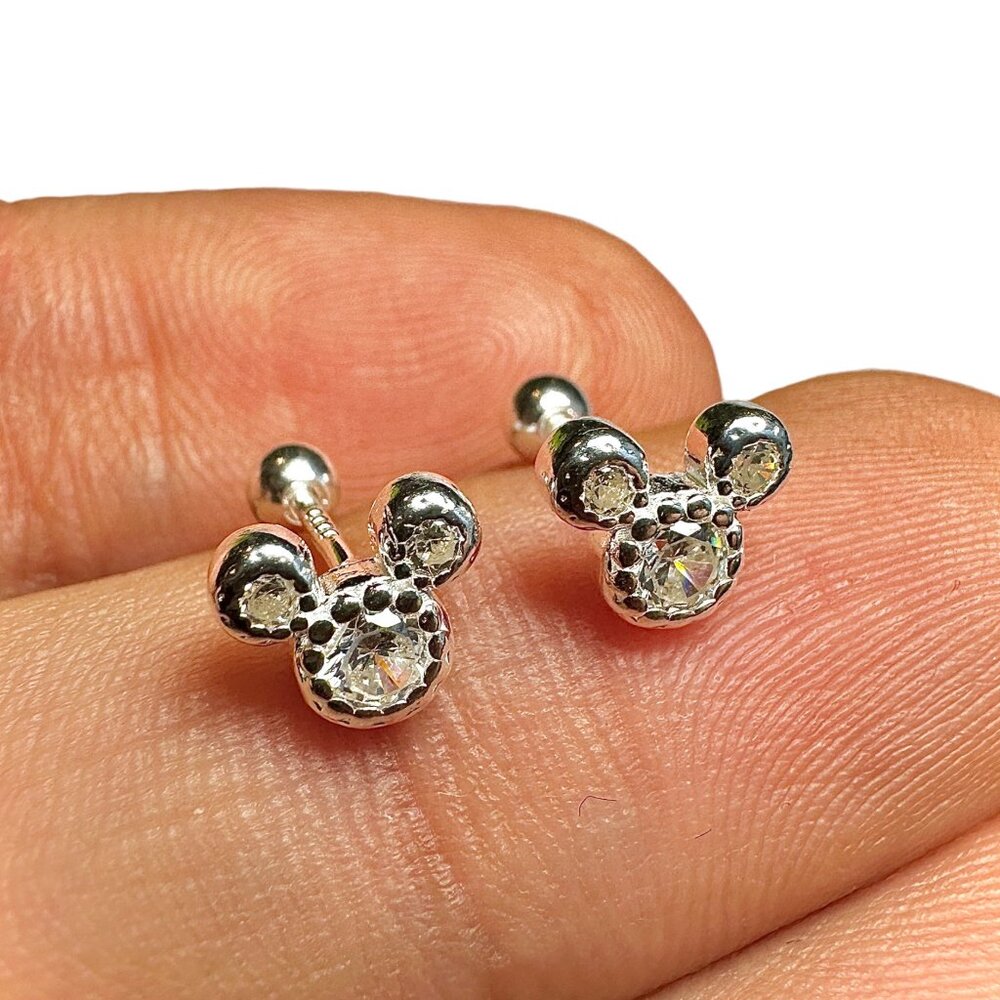Sterling Silver CZ Stud Earrings Cute Mouse Head Sparkly Silver Studs